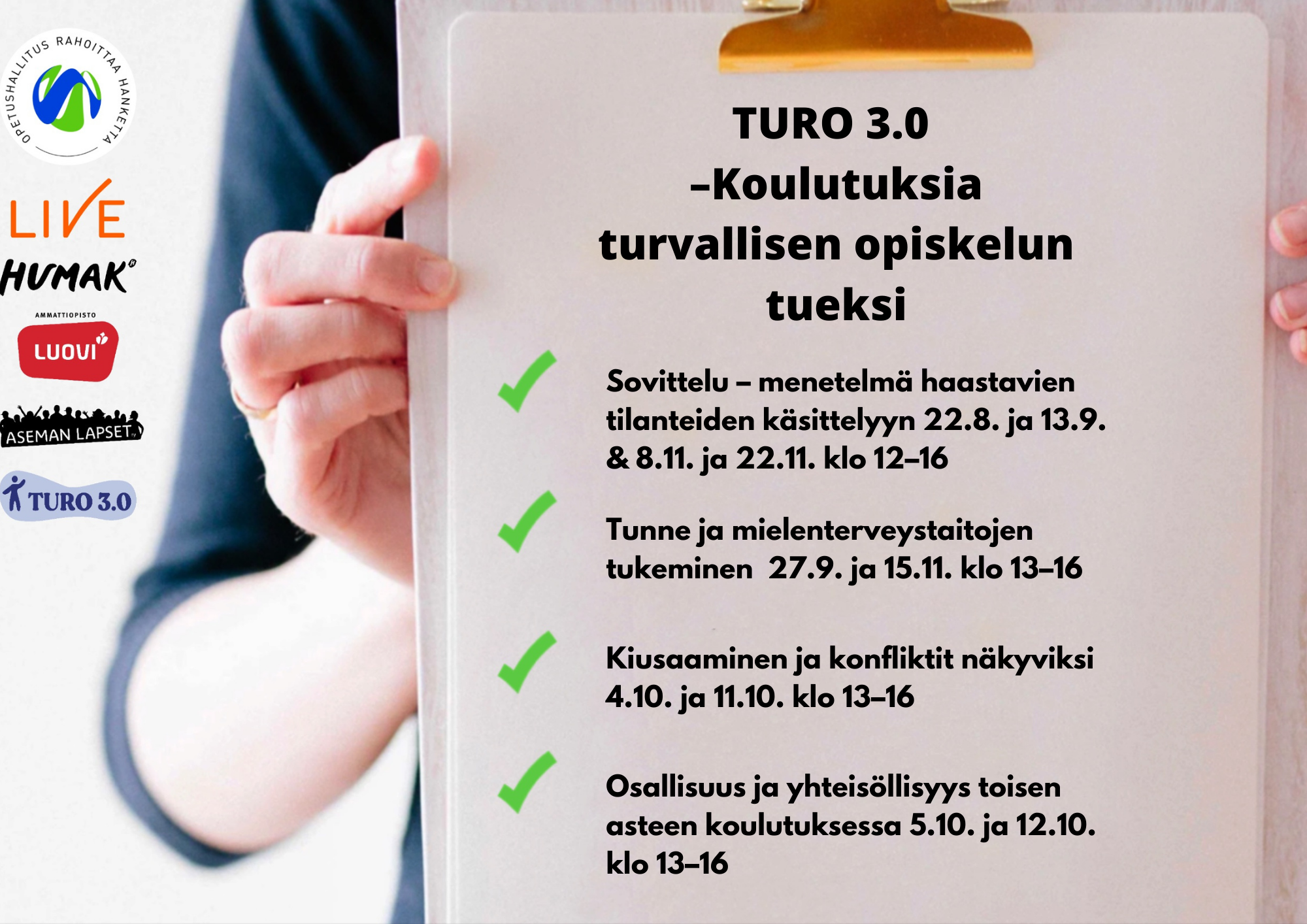 Taulu, johon listattu Turo -hankkeen koulutuksia, vasemmalla logoja