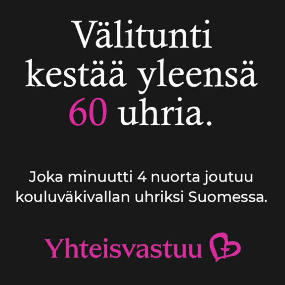 Yhteisvastuukeräyksen kampanjakuva. Teksti: Välitunti kestää yleensä 60 uhria. Joka minuutti 4 nuorta joutuu kouluväkivallan uhriksi Suomessa.